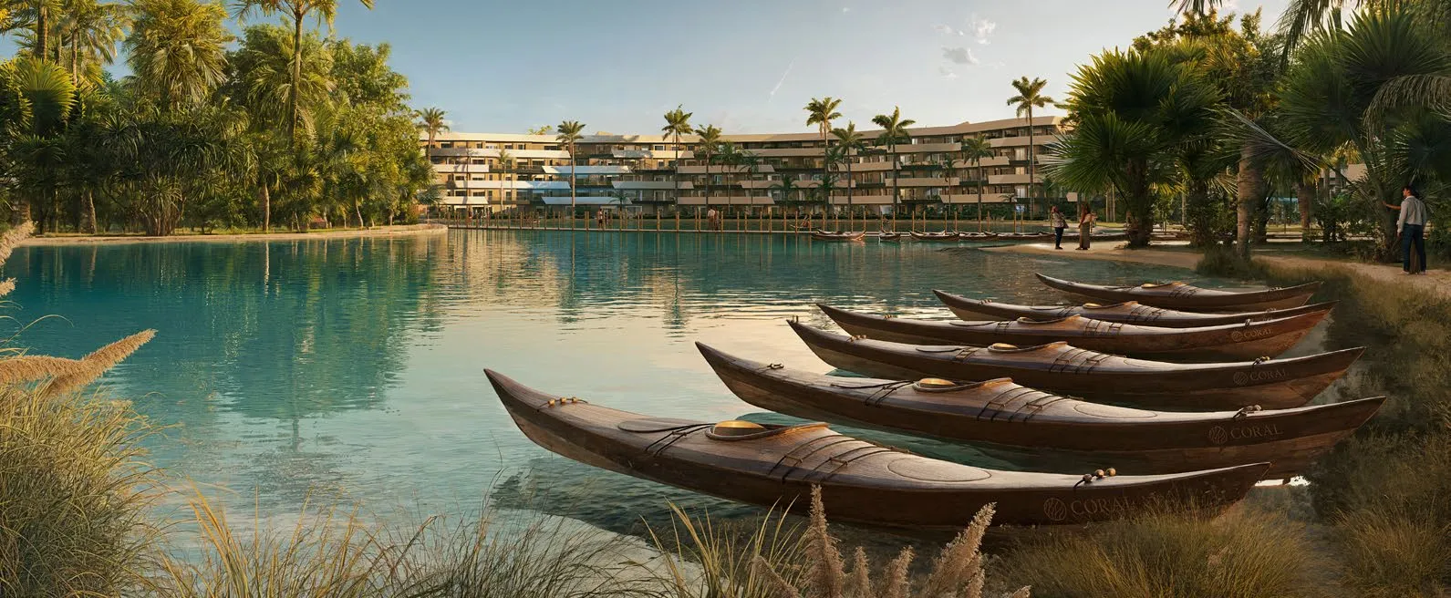 Lago de 48,000 m² de Coral Golf Resort con embarcaciones