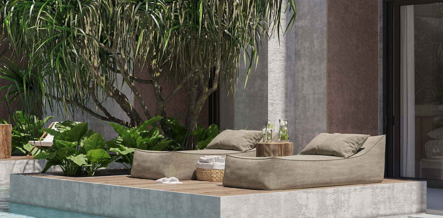 Piscina y loungers