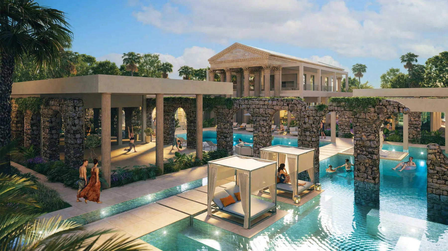 Piscina y cabanas en Poseidonia Residences