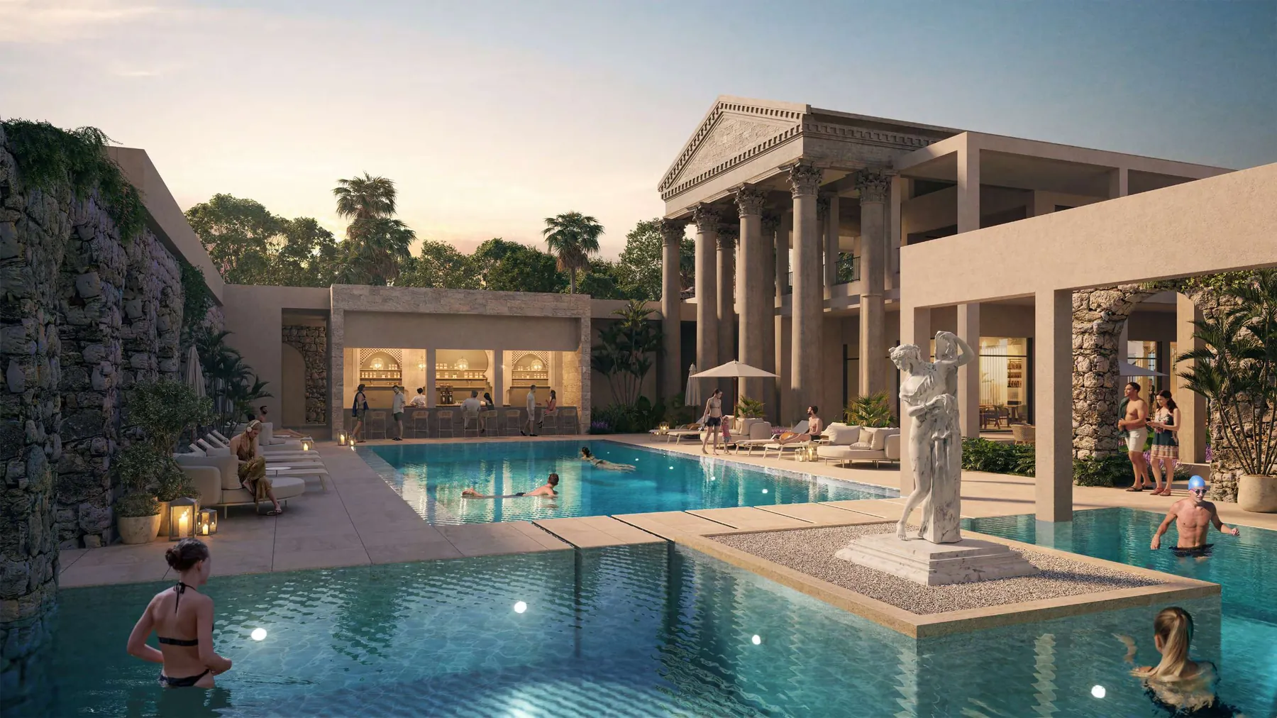 Piscina y arquitectura clásica en Poseidonia Residences