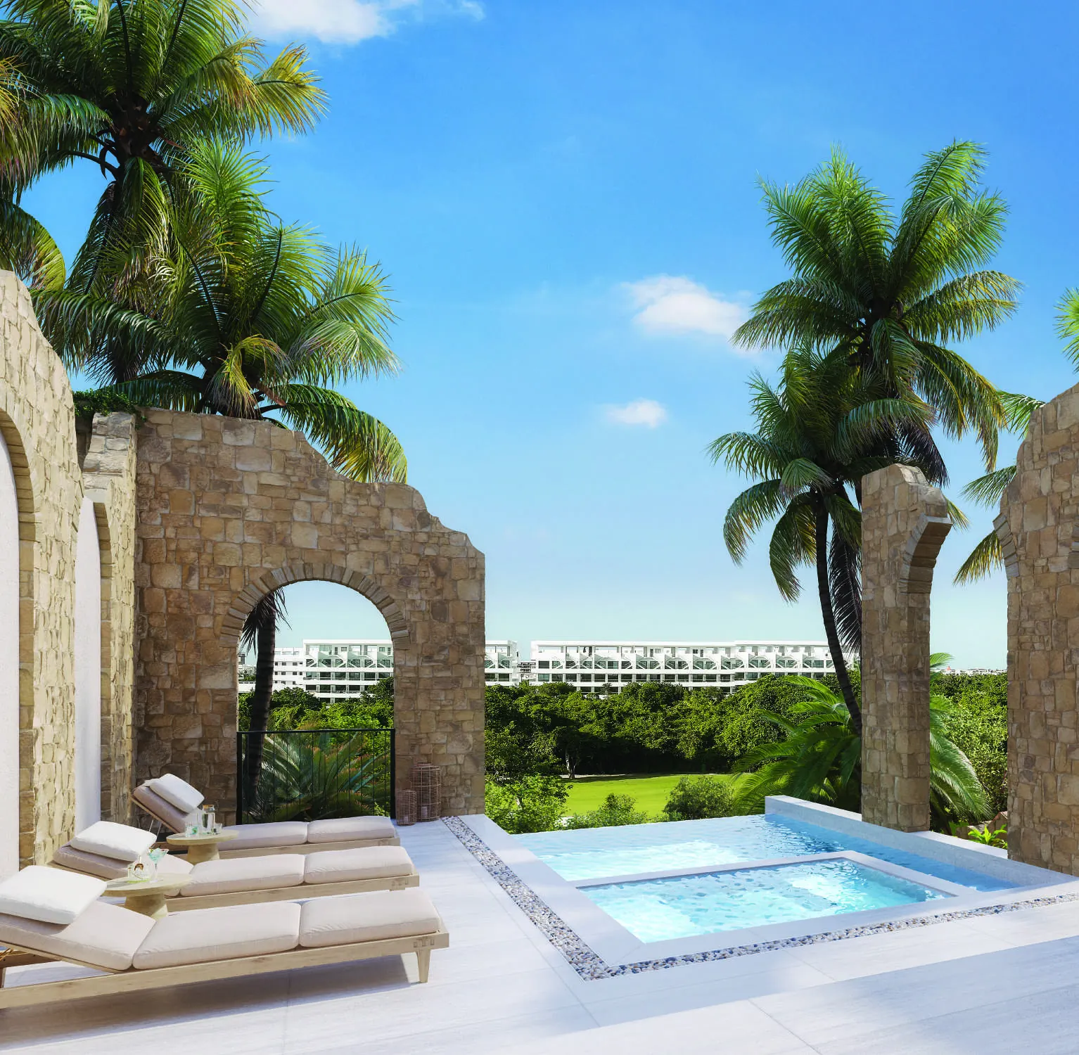 Piscina privada entre arcos de piedra, Villas Poseidonia