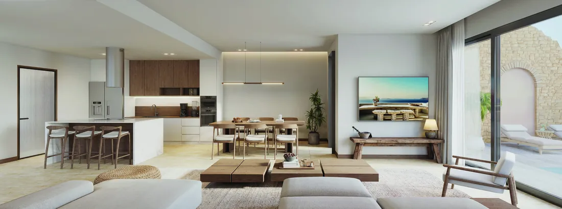 Cocina y sala de Villas Poseidonia