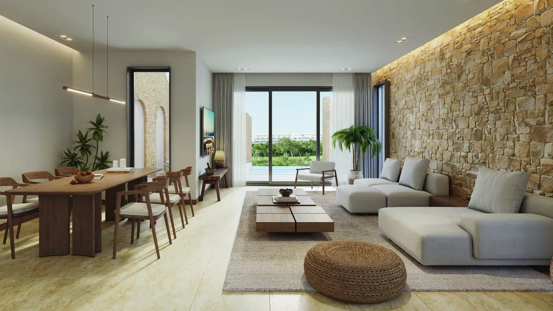 Sala con muro de piedra, Villas Poseidonia